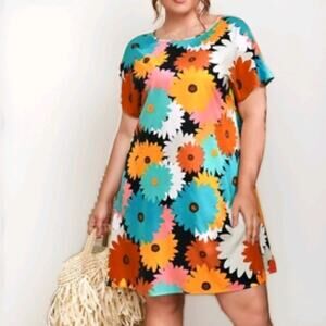 Shein Plus Sz 4X Floral Print Short Sleeve Tunic Mini Dress Summer Spring Casual